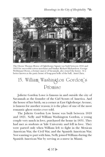 A black-and-white page from "Savannah Folklore" by Schiffer Publishing, Ltd. shows a photo of a historic house with columns and trees, plus text on Juliette Gordon Lowe and William Washington Gordon’s legacy in Savannah history.