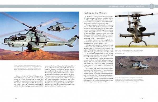 The main image shows two combat helicopters over a desert, with insets of a Bell AH-1 Cobra hovering and flying. The Schiffer Publishing, Ltd. page features information on military helicopter testing and the history of the Bell AH-1 Cobra.