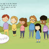 Geraldine from Schiffer Publishing, Ltd.’s "Geraldine and the Anti-Bullying Shield" stands angrily with an “Enough!” sign before a group of kids, promoting creative thinking and anti-bullying, as a boy laughs near a playground basketball hoop.