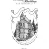 Black-and-white ink drawing of a Victorian building in San Francisco, framed by a ribbon. "Victorian Buildings of San Francisco" by Schiffer Publishing, Ltd.—ideal for adult coloring, with notes on Victorian architecture and the artist.