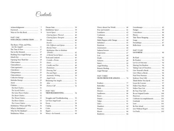 The table of contents for Angel Relationships by Schiffer Publishing, Ltd. features three columns listing chapters such as Our Angel Connection, Thriver Hosting, God Further, and advice on connecting with angels via angelic guidance.