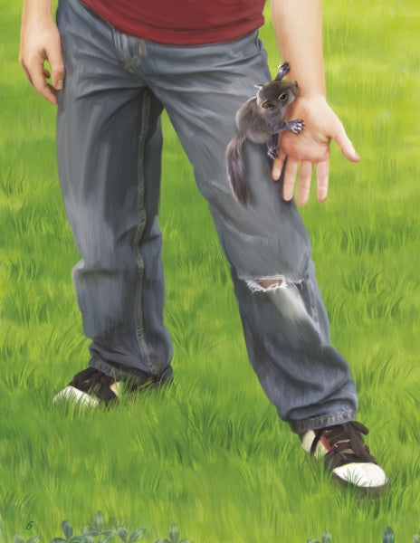A person in ripped jeans and sneakers stands on grass, gently holding a baby squirrel—an image fitting for "Squirrel Rescue" by Schiffer Publishing, Ltd., a perfect children's book about wildlife rescue.
