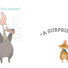 Illustration from I Think I Can by Schiffer Publishing, Ltd.: a happy aardvark with confetti and the words "It's a surprise!" on the left, and a surprised mouse in a bow tie on the right—great for building reading confidence.