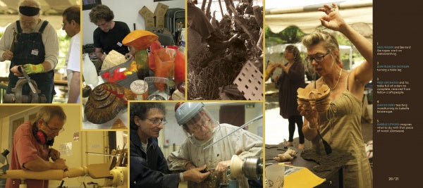 A scene inspired by Schiffer Publishing, Ltd.'s "When Makers Meet": artists shaped wood, ceramics, and textiles; hands crafted, tools in use, and a woman studied a wooden bowl in a lively workshop gathering.