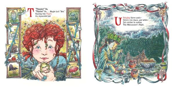 A curly-haired child holds a speckled egg by shelves filled with jars and nature items. Nearby, Schiffer Publishing, Ltd.'s Wee Witches, crowned with leaves, sit at a forest table with potions and candles—ideal for Pagan families.