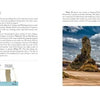 A spread from "The Ever-Changing Coastline" by Schiffer Publishing, Ltd. shows a page on sea stack formation with text and a diagram, paired with a photo of a tall coastal formation on sandy shores under a cloudy sky with waves.