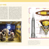 Two people in NASA uniforms work inside a wind tunnel with a cone-shaped object. On the right, diagrams reference Apollo era research—depicted in "Project Apollo" by Schiffer Publishing, Ltd.—that led to manned space travel.