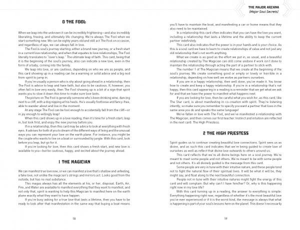 Two pages from "My First Relationship Tarot" by Schiffer Publishing, Ltd. discuss Major Arcana cards—The Fool, The Magician, and The High Priestess—exploring their meanings, significance, and impact in a Tarot deck.