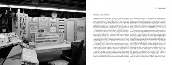 On the left, a black-and-white image of a vintage nuclear control room; on the right, the foreword page from "Weapons of Mass Destruction" by Schiffer Publishing, Ltd., displays a block of printed text.