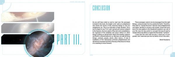 A book spread from First Light Tarot by Schiffer Publishing, Ltd. shows cosmic galaxy images on the left and text on cosmic consciousness and enlightenment on the right, designed to complement the 66-card Tarot set or guidebook for divination.