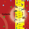 A vibrant contents page for a children's book titled "Wood" by Schiffer Publishing, Ltd., displays a yellow column with toy, animal, and woodcraft illustrations beside each chapter title on a red background with multicolored stars.