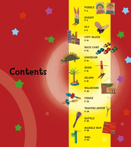 A vibrant contents page for a children's book titled "Wood" by Schiffer Publishing, Ltd., displays a yellow column with toy, animal, and woodcraft illustrations beside each chapter title on a red background with multicolored stars.