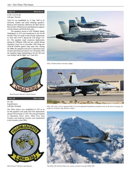 A page from "The Boeing F/A-18E/F Super Hornet & EA-18G Growler" by Schiffer Publishing, Ltd. shows text, squadron patches, and three images of F/A-18E/F jets: two on a carrier, one taxiing, and one flying over snowy mountains.
