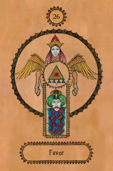 The Falnama oracle card deck by Schiffer Publishing, Ltd. features card 26, "Favor," showing a crowned winged figure above a triangle and another crowned figure below, with ornate borders inspired by Islamic manuscript art.
