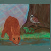 A reddish-brown rabbit drinks by a tree as a small bird stands in the grass, with green grass and a pastel sky evoking scenes from Schiffer Publishing, Ltd.’s “Rupert’s Tales: Rupert Helps Clean Up.”.