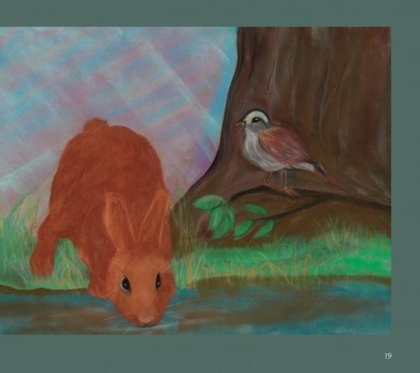 A reddish-brown rabbit drinks by a tree as a small bird stands in the grass, with green grass and a pastel sky evoking scenes from Schiffer Publishing, Ltd.’s “Rupert’s Tales: Rupert Helps Clean Up.”.