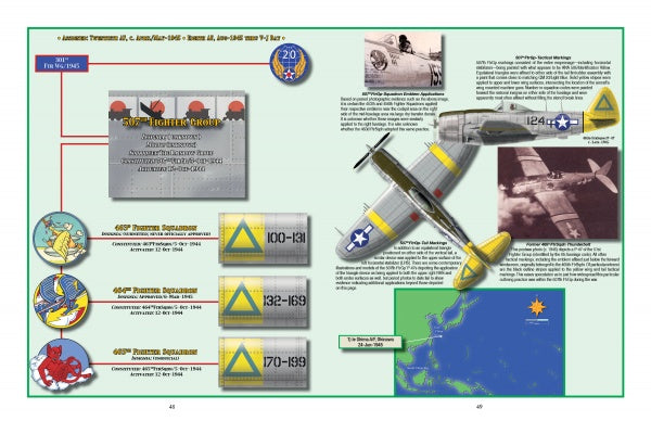 Battle Colors Volume VI by Schiffer Publishing, Ltd. showcases the 57th Fighter Group with a large P-47, tactical aircraft markings, unit insignias, text boxes, historical photos, and a coastal map in the lower right corner.