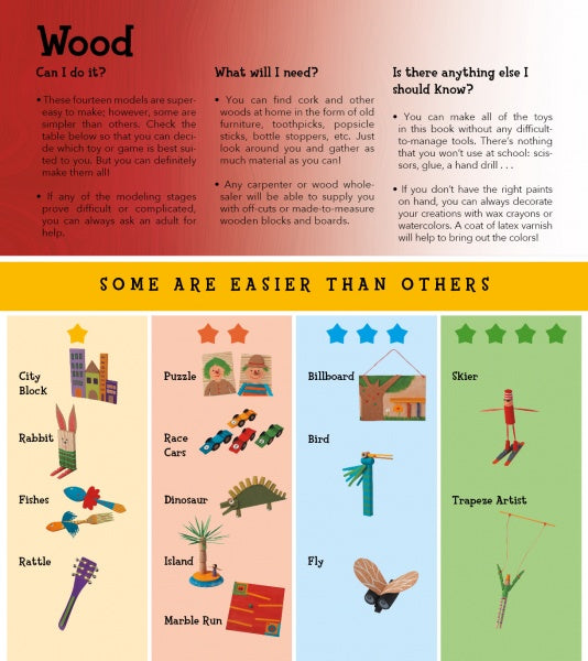 Wood" by Schiffer Publishing, Ltd. is an illustrated children's guide featuring wood crafts like a city block, rabbit, fish, rattle, puzzle, race cars, dinosaur, marble run, billboard, bird, plane, skiers, and trapeze artist—each with a difficulty rating.