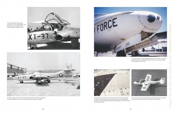 Training the Right Stuff by Schiffer Publishing, Ltd.: A collage of four black-and-white and color photos of early U.S. Air Force jet trainers, highlighting aircraft details, open cockpits, and pilots preparing for flight.