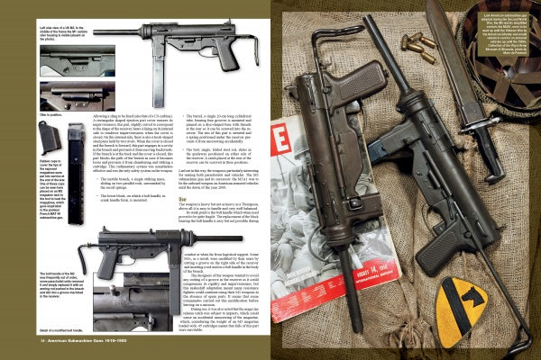 Two pages from "American Submachine Guns, 1919–1950" by Schiffer Publishing, Ltd. show WWII submachine guns with photos and details of a Thompson, its parts, magazine, bayonet, helmet, and two guns on a magazine with a military patch.
