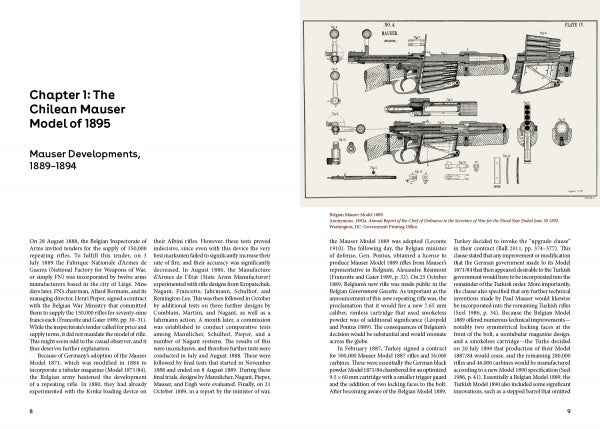 The "History of the Mauser Rifle in Chile" by Schiffer Publishing, Ltd. features a two-page spread: the left page covers Chapter 1 on the Chilean Mauser Model of 1895, while the right shows a detailed labeled diagram of various Mauser rifle parts.