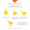 The Dinosaurs origami guide by Schiffer Publishing, Ltd. features labeled diagrams and clear instructions showing how to fold a yellow paper dinosaur in four easy steps, making paper folding fun and simple.