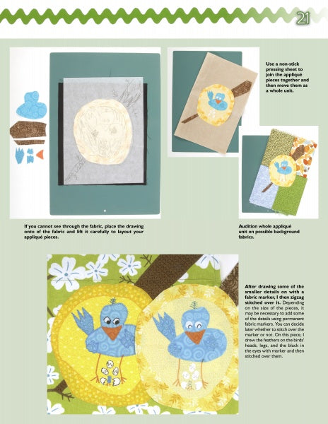 The Creating Children's Artwork Quilts guide by Schiffer Publishing, Ltd. features step-by-step instructions and images for assembling a blue bird applique with fabric, using paper patterns and layout ideas on yellow floral backgrounds.