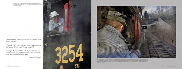 On the cover of "Smoke Over Steamtown" by Schiffer Publishing, Ltd., a train engineer leans from steam locomotive 3254 and looks ahead as the heritage train nears a tunnel surrounded by trees.