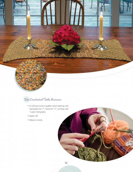 A wooden dining table with a crocheted runner, candles, and red flowers sets the scene, while a close-up of hands crocheting with green yarn and a red hook offers perfect inspiration for Schiffer Publishing's "Basic Knitting and Crocheting for Today's Woman.