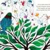 A blue and green bird sits on a leafy branch while colorful birds swirl in the sky, their flight paths traced with black dotted lines. SOAR by Schiffer Publishing, Ltd. is a joyful illustrated picture book about overcoming fear and taking flight.