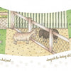 Illustration of three scenes—ducks in a pond, goats by a fence, camels with a zookeeper—separated by wavy lines and bordered by green grass. Perfect for "Dexter the Very Good Goat" by Schiffer Publishing, Ltd.