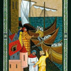 A medieval-style image from The Byzantine Tarot by Schiffer Publishing, Ltd. depicts three figures by the water with boats, two shaking hands, buildings in front, and an ornate border; the card is labeled Three of Coins.
