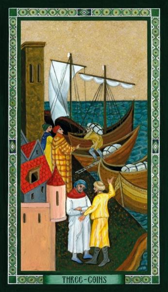 A medieval-style image from The Byzantine Tarot by Schiffer Publishing, Ltd. depicts three figures by the water with boats, two shaking hands, buildings in front, and an ornate border; the card is labeled Three of Coins.