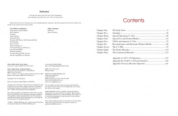 The left page of Lockheed C-130 and Its Variants by Schiffer Publishing, Ltd. features dedications and acknowledgements, while the right shows a black and red table of contents—ideal for Cold War military airlifter scale model enthusiasts.