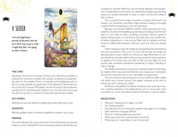 The Shadowland Tarot by Schiffer Publishing, Ltd. features an illustrated 0 SEER card showing a figure with a satchel and white dog atop a mountain, keywords like shadow tarot and healing trauma, and detailed card meanings around the image.