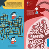 A vibrant two-page spread from Schiffer Publishing, Ltd.'s The Human Body shows a man blowing a trumpet in a body maze on the left, and lung airways with cartoon faces illustrating air flow on the right.