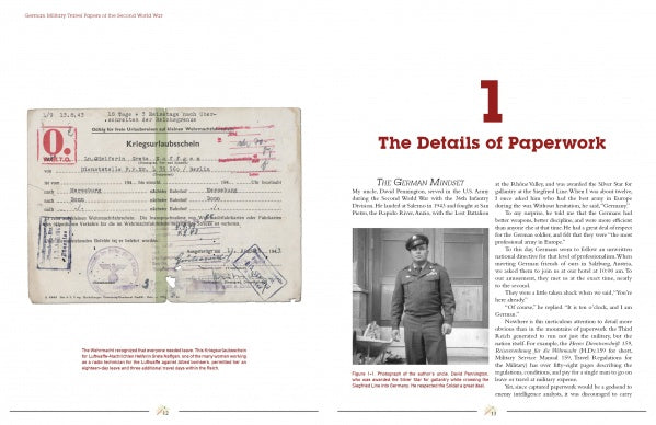 On the left page of "German Military Travel Papers of the Second World War" by Schiffer Publishing, Ltd., a vintage German document with handwritten notes appears; the right page shows “The Details of Paperwork,” text, and a photo of a man in uniform.