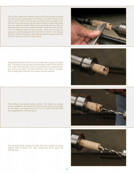 Schiffer Publishing, Ltd.’s "Turning Modified Slimline Pens" provides step-by-step woodworking instructions with close-up images of woodturning and drilling a pen blank, clearly showing hands and tool use on a beige background.