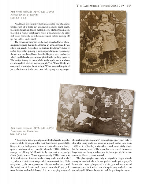A page from "Quilts in Everyday Life, 1855-1955" by Schiffer Publishing, Ltd. features early 1900s photos of children outdoors with dolls, toys, and quilts, plus captions and text on American family life and cultural history.
