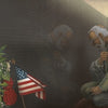 An elderly man kneels, reflecting at the Vietnam Veterans Memorial wall. A bouquet and a copy of Schiffer Publishing, Ltd.’s "America's Flag Story" rest nearby, while the Washington Monument stands in the distance, witnessing the poignant moment.