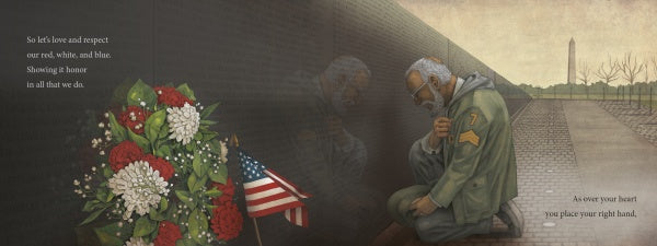 An elderly man kneels, reflecting at the Vietnam Veterans Memorial wall. A bouquet and a copy of Schiffer Publishing, Ltd.’s "America's Flag Story" rest nearby, while the Washington Monument stands in the distance, witnessing the poignant moment.