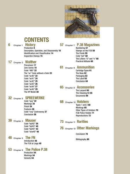 Table of contents for "Walther P.38" by Schiffer Publishing, Ltd., covering history, manufacturers, police models, magazines, ammo, accessories, markings; two pistols shown at the top.