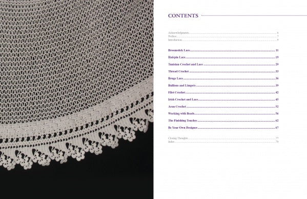 On the left is a close-up of a crocheted lace doily; on the right, "Heritage Crochet in a New Light" by Schiffer Publishing, Ltd. lists topics like intermediate crochet skills, Brussels Lace, Irish Crochet, and heritage crochet techniques.