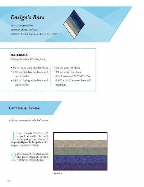 A quilting instruction page for From Ensign’s Bars to Colonel’s Stars by Schiffer Publishing, Ltd. gives fabric needs, step-by-step directions, a blue-gray-brown swatch, and a sample block—perfect inspiration for military or patriotic quilt patterns.