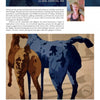 The Contemporary International Tapestry from Schiffer Publishing, Ltd. features a handwoven scene of a brown horse beside a blue one, with an artist bio and photo of the smiling short-haired blonde creator included above.