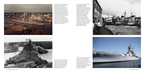 Four historical photos of naval ships from Schiffer Publishing, Ltd.: top right features USS North Carolina (BB-55) with people on deck; other images show WWII battleships docked, a ship near smaller boats, and a large battleship at dock.