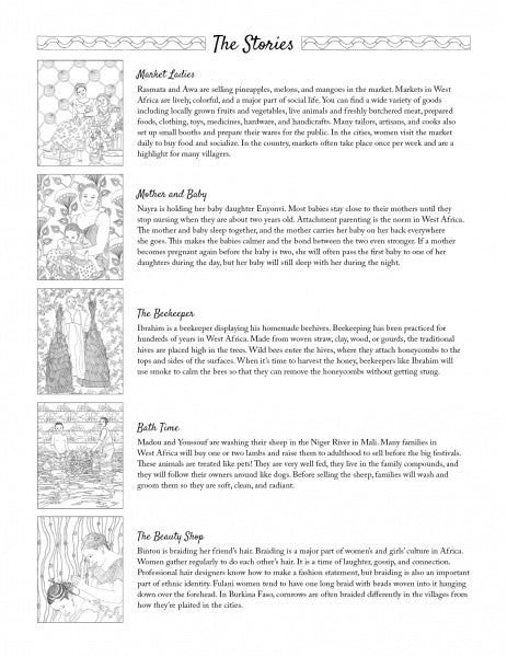 A black-and-white coloring book page titled “Stories of West Africa” by Schiffer Publishing, Ltd., features five short stories—Market Ladies, Mother and Baby, The Beekeeper, Bath Time, and The Beauty Shop—with drawings inspired by West African fabrics.