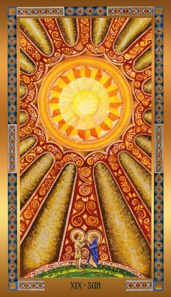 The Byzantine Tarot by Schiffer Publishing, Ltd. features the “XIX – Sun” card, depicting a radiant sun with golden rays shining on two joyful figures amid spirals, all framed by ornate Byzantine-inspired borders.