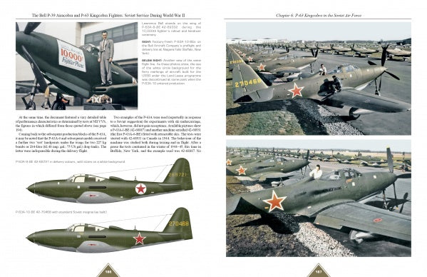 Two pages from Schiffer Publishing, Ltd.’s "The Bell P-39 Airacobra and P-63 Kingcobra Fighters" feature close-ups of WWII Soviet P-39s with pilots, Lend-Lease aircraft in rows, and detailed historic text with diagrams.