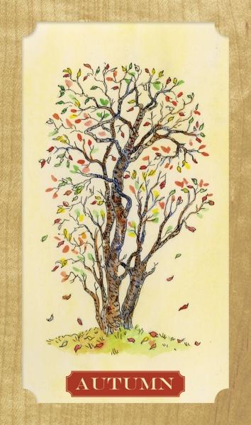 Inspired by the Tree of Life Oracle by Schiffer Publishing, Ltd., this illustration features a tree with sparse, multicolored autumn leaves falling against a light background, with "AUTUMN" in white letters on a red label below.